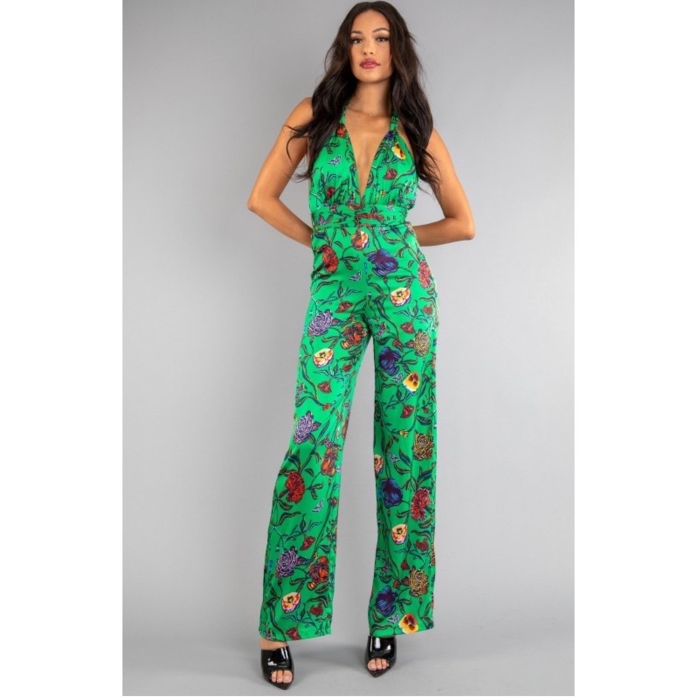 Rosevelvet Green Floral Butterfly Halter Wide Leg Jumpsuit Size S NWT